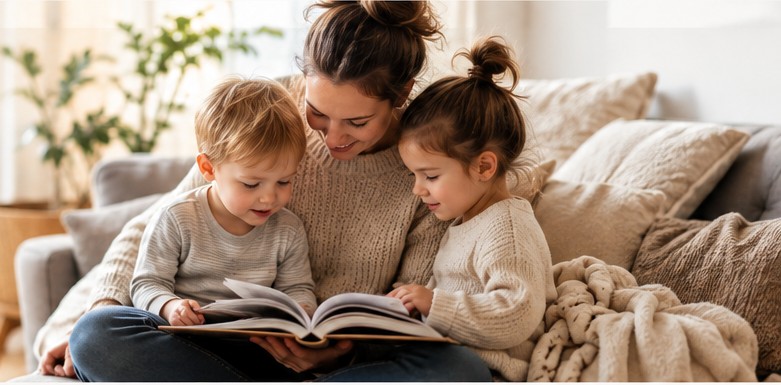 Parent reading with two young children at home